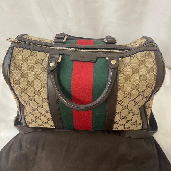 Gucci Handbags - Gucci Boston Beige and Brown Monogram Duffel Bag